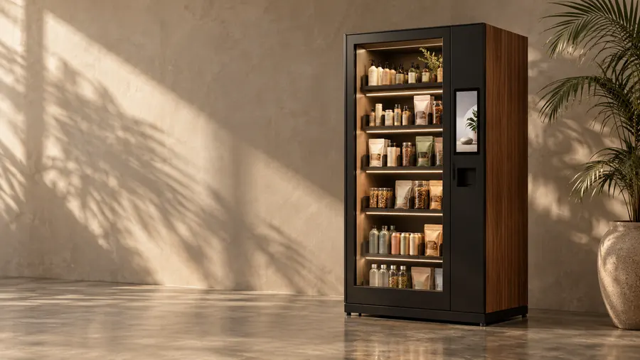 A shopper at a walnut-and-black automated retail wall in a sunlit lobby