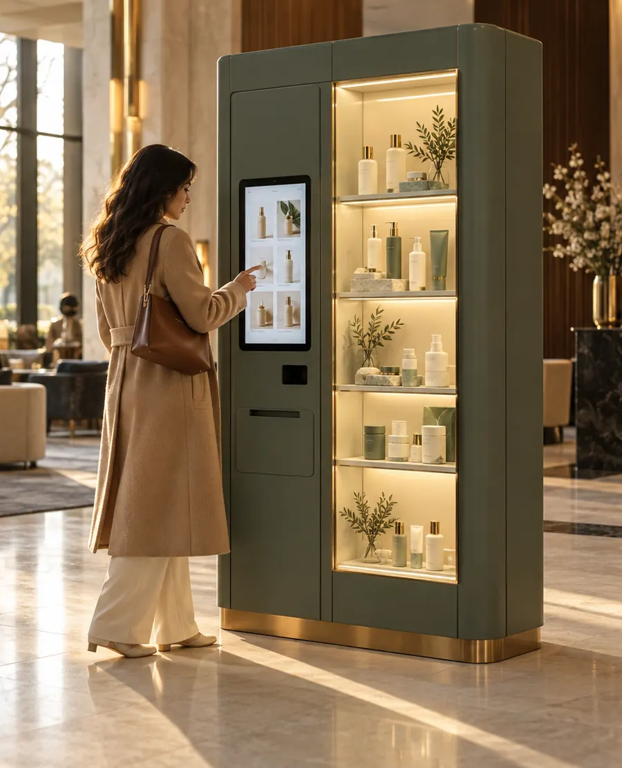 A custom-branded skincare kiosk in a hotel lobby