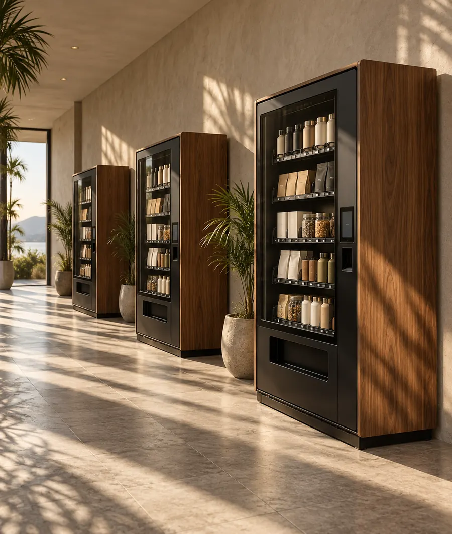 Three automated retail cabinets along a sunlit corridor