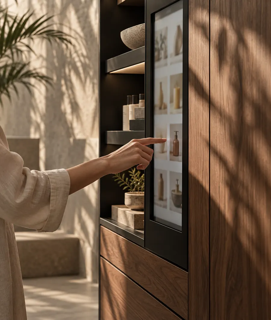 A hand tapping the touchscreen on a walnut retail cabinet