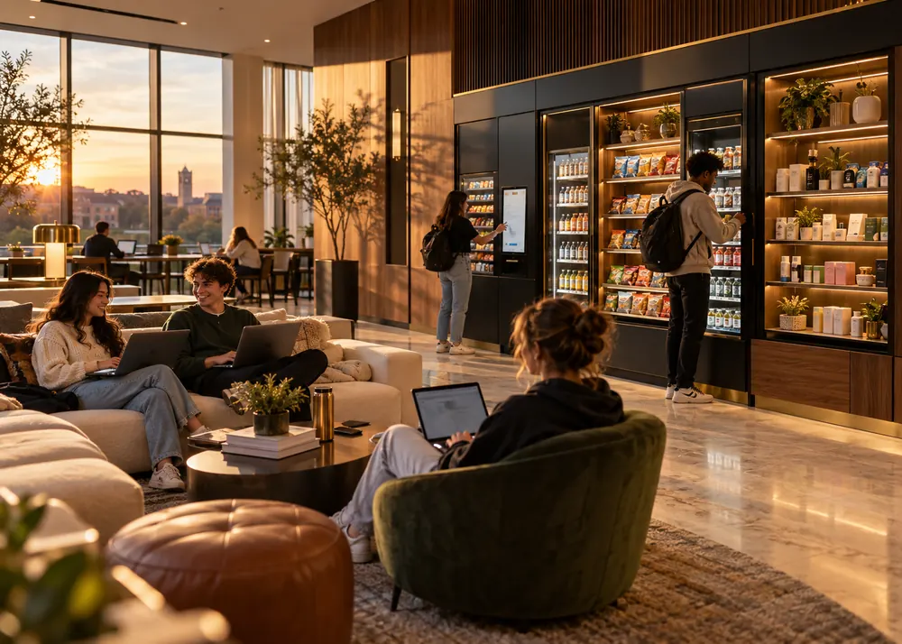 Students in a residence lounge beside a walnut-and-black automated retail wall