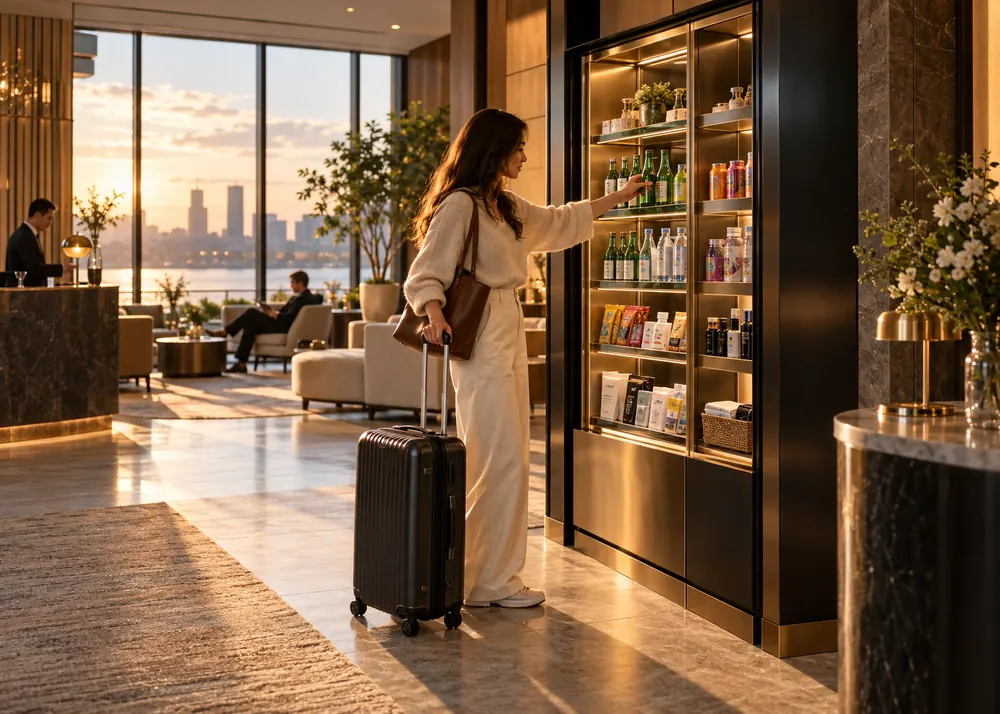 A hotel guest with a suitcase choosing a drink from a smart retail cabinet