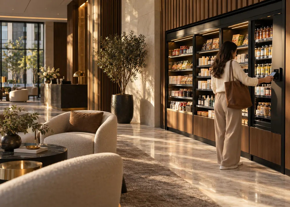 A resident at an automated retail wall in an apartment building lobby